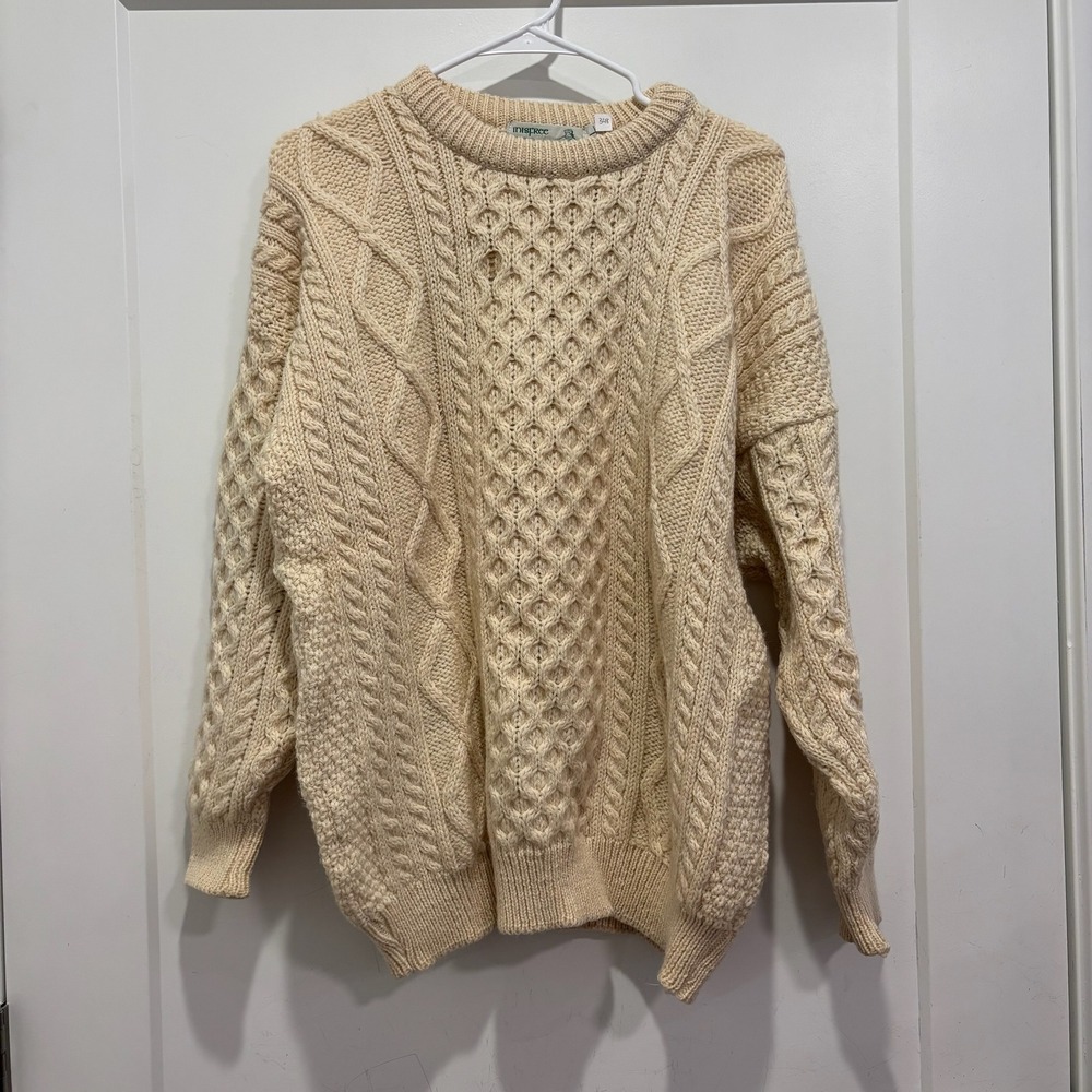 Inisfree Knitwear Irish Fisherman Sweater 100% Pure New‎ Wool Cream Aran Large